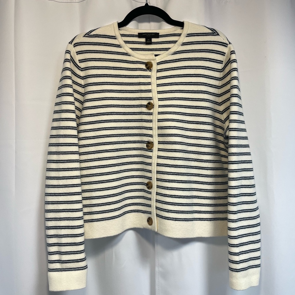 Ann Taylor Cream and Navy Striped Button-Front Cardigan